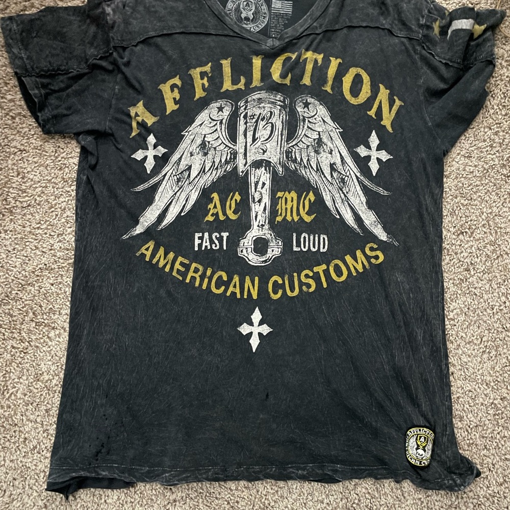 Affliction Black Tee with Gold and White Graphics